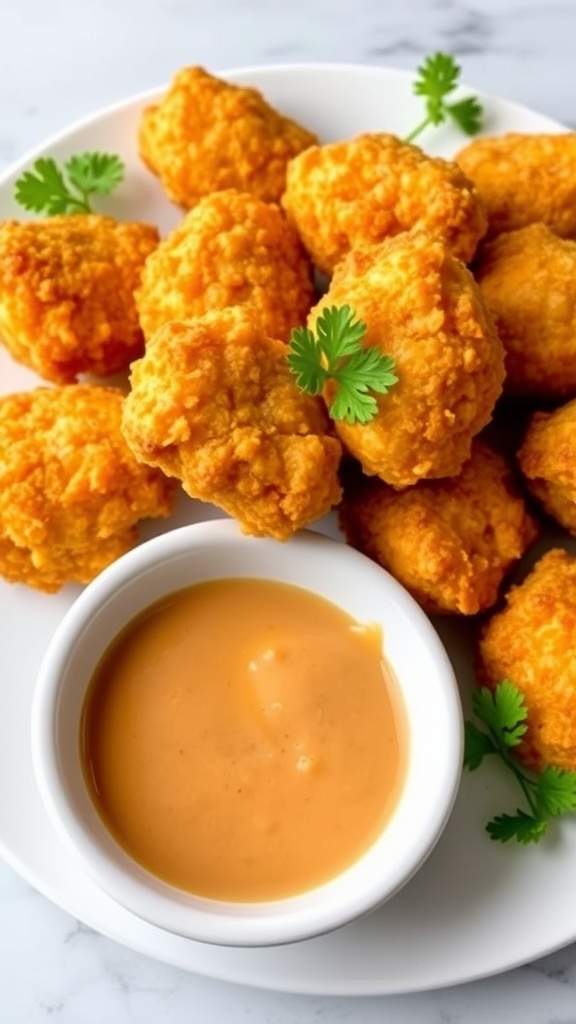 Homemade Chick-fil-A Style Chicken Nuggets Crispy homemade chicken nuggets on a plate with dipping sauce and parsley.